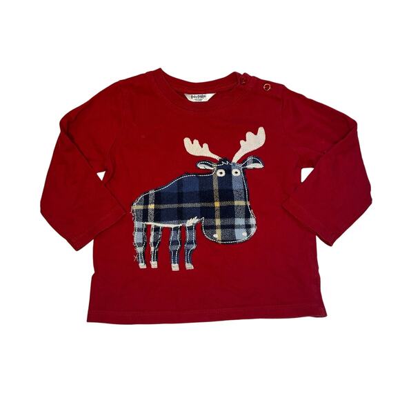 Mini Boden Other - Baby Boden Red Long Sleeve Top Plaid Moose Applique Christmas Shirt 12-18M